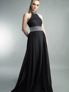 D1441L Halter Embellished Chiffon Gown - Black